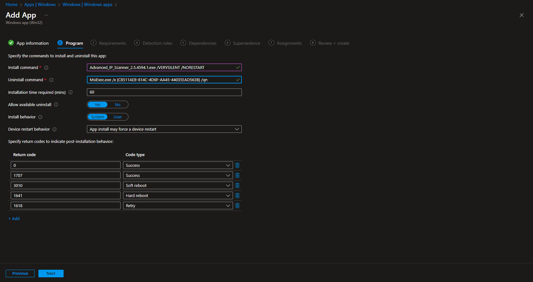 Configuring program install and uninstall commands